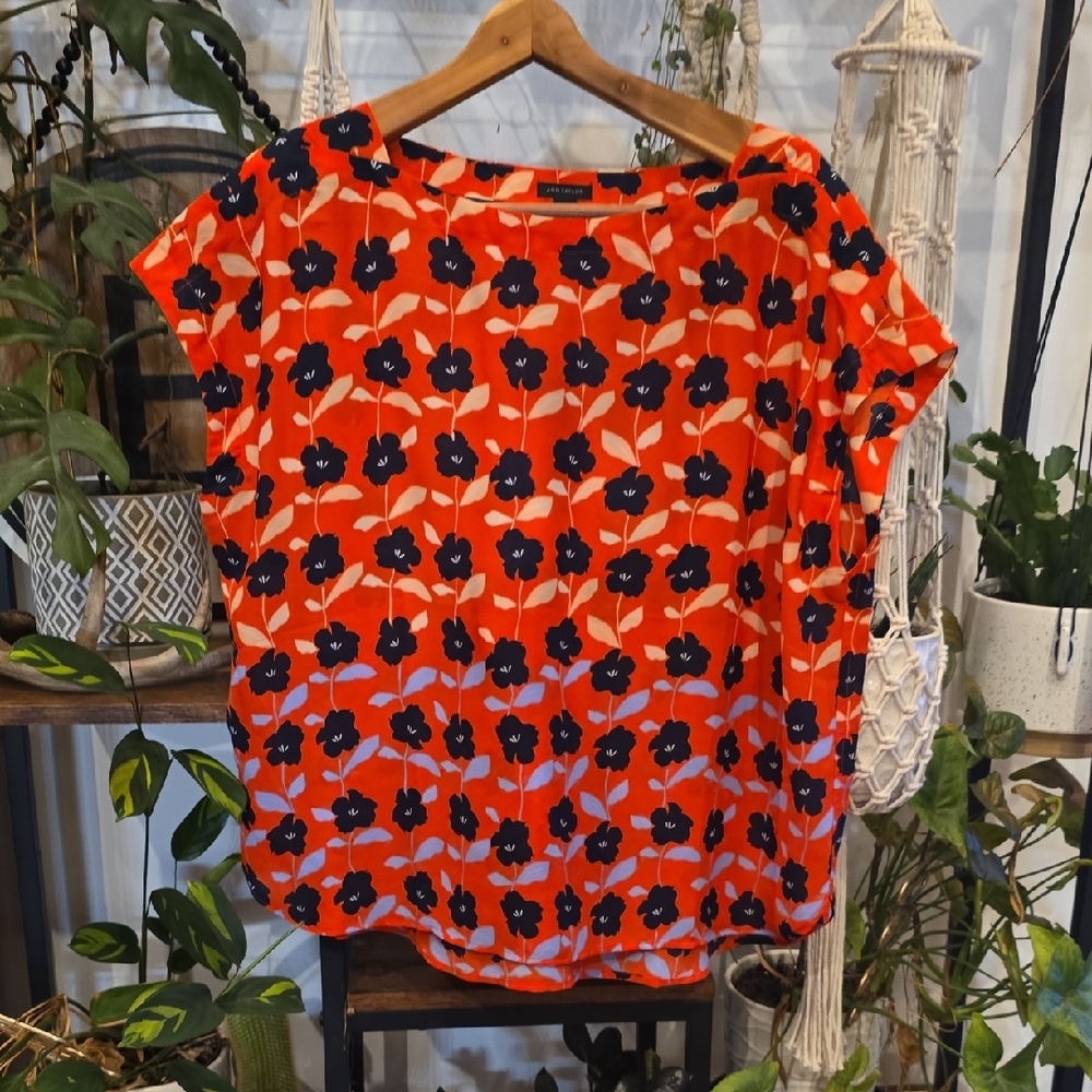 Ann Taylor Orange and Navy Floral Blouse